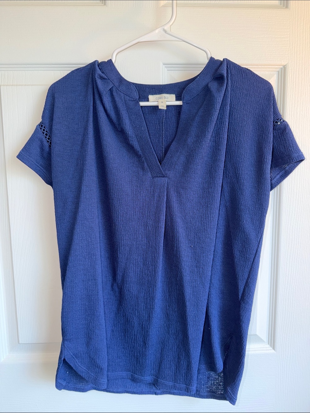 Como Blu Textured Navy V-Neck Short Sleeve Tunic